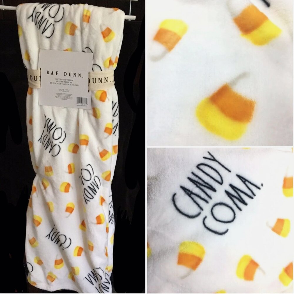 Rae Dunn Halloween CANDY COMA MicroFleece Throw Blanket Orange Yellow Candy Corn